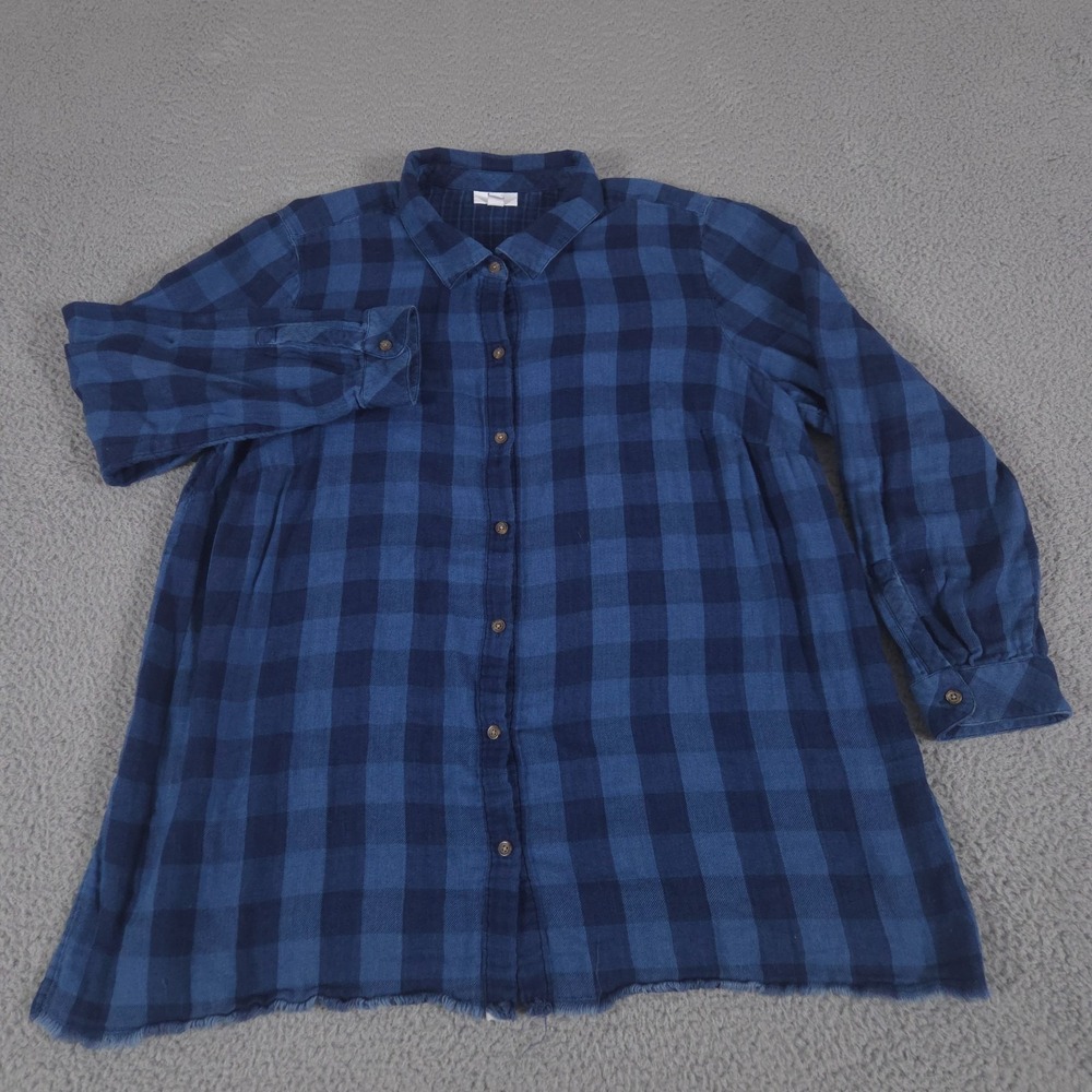 J Jill Top Womens 2X Blue Plaid Flannel‎ Tunic Button Up Cotton Lagenlook Office